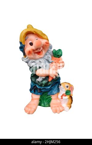 Un Gnome giardino. Nana giardino su sfondo bianco isolato. Statua gnome giardino isolato su sfondo bianco. Foto Stock