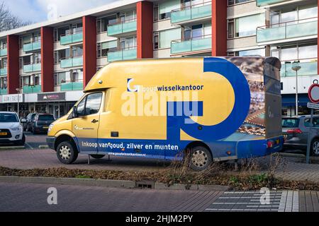 Ufficio mobile di scambio dell'oro dove la gente può vendere o scambiare i loro oro, argento e monete. Foto Stock