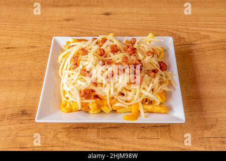 Le patate pazze sono una specie di fast food che consiste di patatine fritte di ogni tipo ed è accompagnato da senape, peperoncino, origano, diversi tipi di formaggio A. Foto Stock