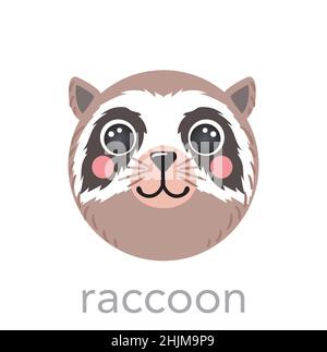 Raccoon carino ritratto con nome testo sorriso testa cartone animato avatar forma rotonda faccia animale, isolato vettore icone illustrazioni. Semplice piatto disegnato a mano per i bambini poster, carte, t-shirt, vestiti per bambini Illustrazione Vettoriale