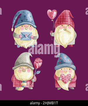 acquerello valentine giorno gnomes collezione disegno vettoriale illustrazione vettoriale illustrazione vettoriale Illustrazione Vettoriale
