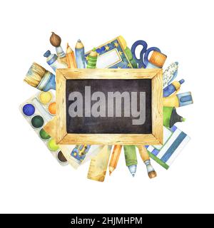 Torna a scuola acquerello arrangiamento con lavagna, articoli di cancelleria, arte e artigianato forniture, tra cui penna, matita, taccuino, studio Foto Stock