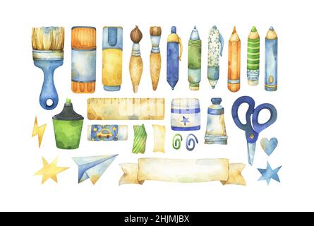 Set di ritorno a scuola cancelleria acquerello Clipart, arte e artigianato classe forniture, tra cui penne, matite, pennelli, vernice, elementi decorativi Foto Stock