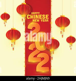 Felice anno nuovo Cinese con Lanterna sospesa e rotolo Cinese con luci decorative Illustrazione Vettoriale