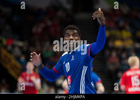 Budapest, Ungheria, 30th gennaio 2022. Dika Mem of France reagisce durante il Men's EHF EURO 2022, 3rd Place Match Match tra Francia e Danimarca a Budapest, Ungheria. Gennaio 30, 2022. Credit: Nikola Krstic/Alamy Foto Stock