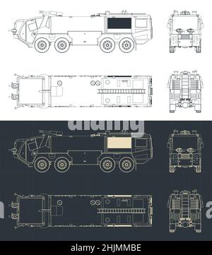 Illustrazioni vettoriali stilizzate di progetti di veicoli antincendio aeroportuali Illustrazione Vettoriale