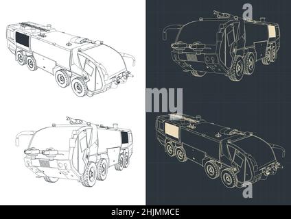 Illustrazioni vettoriali stilizzate dei disegni del camion dei pompieri dell'aeroporto Illustrazione Vettoriale