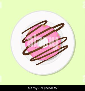 Ciambella con glassa rosa e spruzzi, pasto non sano dieta sul piatto. Illustrazione vettoriale. Semplice immagine a stock piatto. Dolci e zucchero. Ciambella con Illustrazione Vettoriale