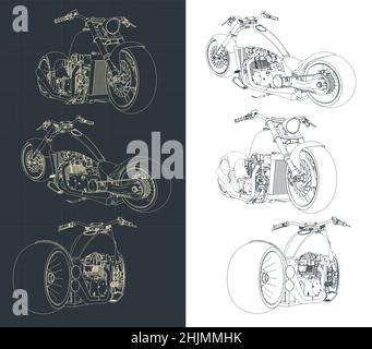 Illustrazione vettoriale stilizzata di disegni di motociclette da crociera Illustrazione Vettoriale