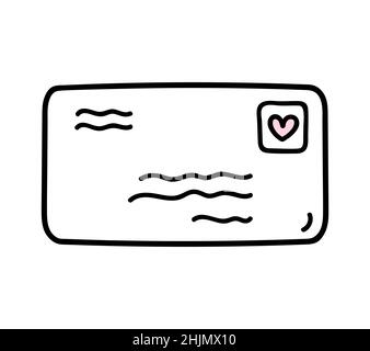 Carino lettera d'amore in una busta isolata su sfondo bianco. Illustrazione vettoriale disegnata a mano in stile doodle. Perfetto per i disegni di San Valentino Illustrazione Vettoriale