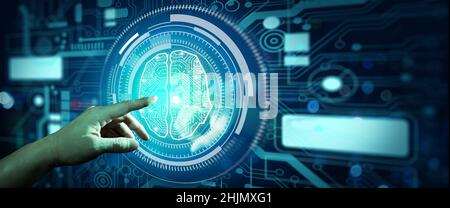 Intelligenza artificiale, ai Concept. Uomo d'affari che utilizza la tecnologia di automazione e l'apprendimento automatico nella tecnologia Internet aziendale. Foto Stock