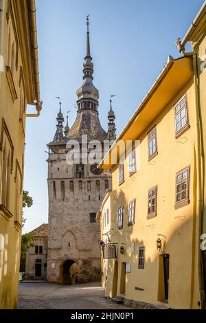 Scena stradale della città medievale Sighisoara in Transilvania, Romania. Foto Stock