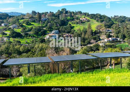 Case di lusso in collina nel quartiere residenziale suburbano su colline verdi sotto il cielo blu Foto Stock