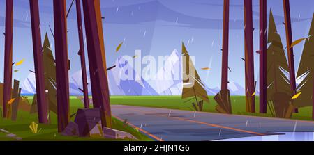 Pioggia caduta in foresta con strada e montagne all'orizzonte. Illustrazione vettoriale di cartoni animati di paesaggio autunnale con autostrada auto, alberi di conifere, erba verde e rocce al tempo piovoso Illustrazione Vettoriale