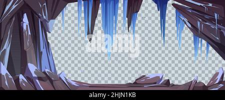 Caverna di montagna o arco di pietra con neve e ghiaccioli isolati su sfondo trasparente. Modello vettoriale con telaio in pietra cartoon, caverna o miniera in rocce con cristalli di ghiaccio appesi Illustrazione Vettoriale
