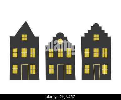 Set vettoriale di vecchi edifici europei tradizionali come le case di Amsterdam. Silhouette isolate nere semplificate, finestre gialle. Stile geometrico Illustrazione Vettoriale