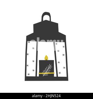 Illustrazione disegnata a mano con isolamento vettoriale. La candela di cera nera rimane in lanterna. Lampada a forma piatta minimalistica semplificata, decorazione scandinava per co Illustrazione Vettoriale
