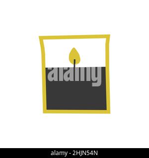 Illustrazione disegnata a mano con isolamento vettoriale. Cera nera o candela di soia in vetro giallo candelabro ha fiamma. Forma piatta minimalista semplificata, Scandinavi Illustrazione Vettoriale