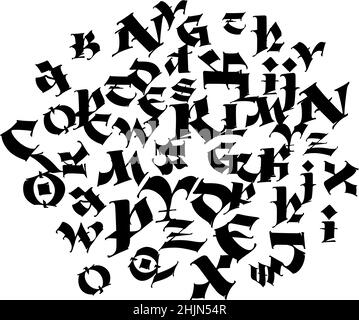 Composizione gotica. Vettore. Lettere medievali latine. Lettere casuali in ordine casuale. Lettere nere isolate su sfondo bianco. Design per tessuti e. Illustrazione Vettoriale