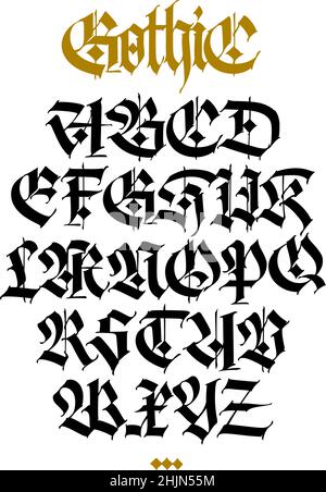 Gotico. Vettore. Lettere maiuscole su sfondo bianco. Calligrafia elegante. Elegante carattere europeo per il design. Stile moderno medievale. Font per tessuto, Illustrazione Vettoriale
