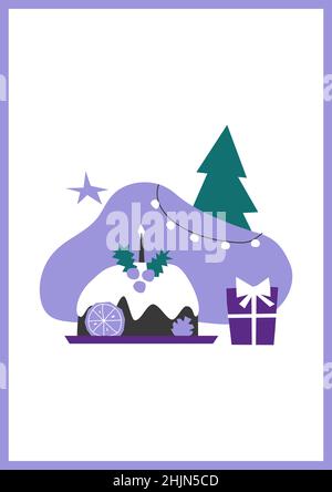 Carta regalo vettoriale con elementi semplici per la cena di Natale e Capodanno e testo - Happy Holidays. La frase è decorata da albero di xmas, torta di festa con Illustrazione Vettoriale