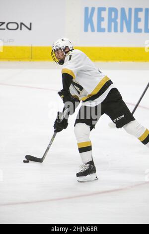 Hamilton, Canada. 30th Jan 2022. Jan 30 2022 Hamilton Ontario Canada, capitano di Kingston e futuro NHLer Shane Wright (51) gioca contro gli Hamilton Bulldogs con una gabbia. Credit: Luke Durda/Alamy Live News Foto Stock