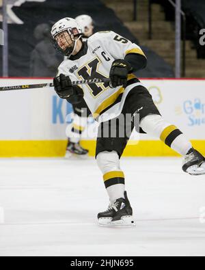 Hamilton, Canada. 30th Jan 2022. Jan 30 2022 Hamilton Ontario Canada, capitano di Kingston e futuro NHLer Shane Wright (51) gioca contro gli Hamilton Bulldogs con una gabbia. Credit: Luke Durda/Alamy Live News Foto Stock