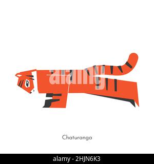 Concetto isolato piatto vettoriale con carattere animale. La tigre asiatica impara le pose rilassanti e fa Chaturanga alla lezione di yoga. Esercizio di base per principianti. Illustrazione Vettoriale