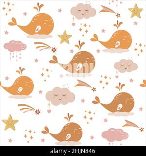 Le balene e le nuvole in stile boho presentano un'illustrazione vettoriale a colori per le camere dei bambini Illustrazione Vettoriale