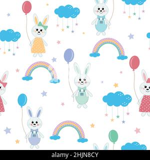 Coniglietto con palloncini tra nuvole con arcobaleni, illustrazione vettoriale a colori, tessuto, stampa Illustrazione Vettoriale