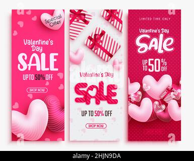 Set di banner vettoriali di vendita di San Valentino. Testo di sconto di San Valentino con elementi di palloncino a cuore per il design della promozione del negozio. Illustrazione vettoriale. Illustrazione Vettoriale