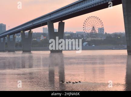 Ponte della metropolitana sul OB a Novosibirsk. Il ponte della metropolitana più grande del mondo su moli di cemento a forma di V attraverso un grande fiume nella luce rosa del mattino. Foto Stock