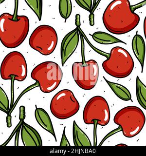 Sfondo ciliegia, illustrazione vettoriale del pattern senza giunture. Adatto per tessuti, confezioni, sfondi, ecc. ciliegie dolci rosse mature isolate su sfondo bianco. Illustrazione Vettoriale