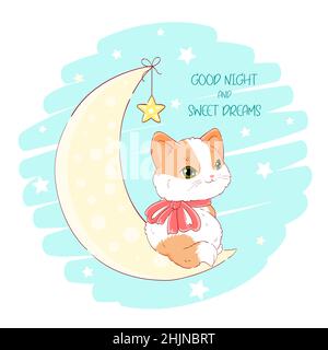 Carino gatto sulla luna. Buona notte e sogni dolci. Gattino con arco rosa a mezzaluna. Può essere utilizzato per stampe di magliette per bambini, poster per vivai, ba Illustrazione Vettoriale