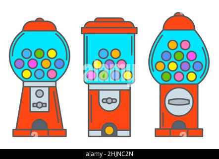 Set di icone della macchina Gumball. Distributore automatico retrò per caramelle e bubblegumi. Illustrazione del vettore di slot dei dolci isolato su sfondo bianco Illustrazione Vettoriale