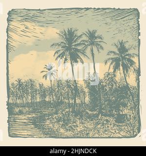 Paesaggio tropicale con palme e nuvole, incisione retrò stile. Illustrazione vettoriale Illustrazione Vettoriale