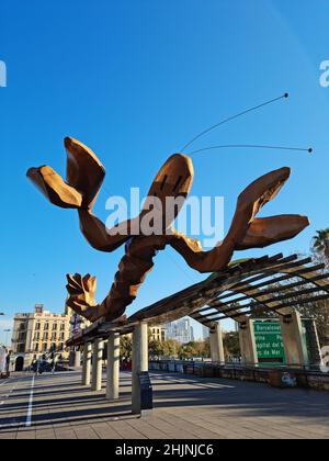 Scultura di un'aragosta gigante. Gambrinus di Javier Mariscal. Port Vell, Passeig de Colom, Barcellona, Spagna, Foto Stock