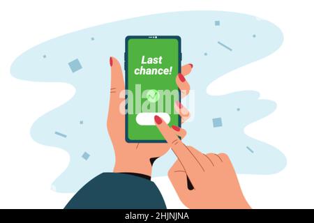 Ultima possibilità di illustrazione vettoriale piatta. Mano umana con cellulare acquistare online a prezzo speciale. Sconto finale o concetto di vendita mega. Sconti pubblicitari o offerte promozionali. Messaggio dello smartphone Illustrazione Vettoriale