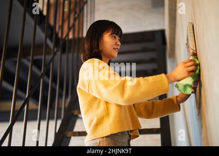 Vista laterale ritratto di giovane donna asiatica casa di pulizia alla luce del sole, spazio copia Foto Stock