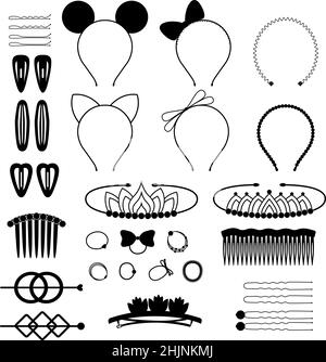 Set di icone nere degli accessori per capelli, illustrazione vettoriale Illustrazione Vettoriale