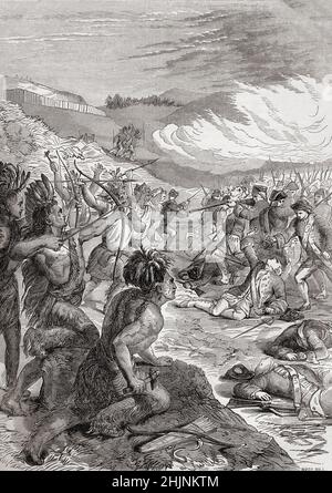 La morte del generale Braddock durante la disastrosa spedizione di Braddock, nota anche come campagna di Braddock o sconfitta di Braddock, una spedizione militare britannica fallita che tentò di catturare il forte francese Duquesne nel 1755 durante la guerra francese e indiana. Generale maggiore Edward Braddock, 1695 – 1755. Ufficiale britannico e comandante in capo per le tredici colonie durante l'inizio della guerra francese e indiana (1754-1763). Dalla storia illustrata dell'Inghilterra di Cassell, pubblicato c.1890. Foto Stock