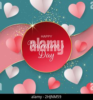 Biglietto di auguri per buon giorno. Modello di design di invito che risplende il profilo in oro. Cuori rosa rossi. Banner, poster del giorno di San Valentino. Glitter dorata Illustrazione Vettoriale