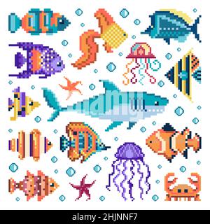 Pixel Art Pesci e Mare animali set Illustrazione Vettoriale