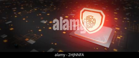 La scansione delle impronte digitali fornisce un accesso di sicurezza con identificazione biometrica. Concetto di hacking delle impronte digitali 3D Illustrazione Foto Stock