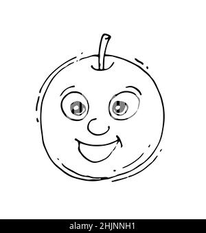 Apple ride. Faccia divertente. Allegro disegno di frutta. Disegno a mano del contorno. Schizzo isolato su sfondo bianco. Vettore Illustrazione Vettoriale