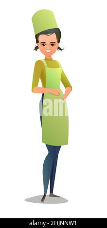 Cuoco femminile in tute. Bambina dalla cucina in un grembiule. Persona allegra. Posa in piedi. Stile fumetto cartoon design piatto. Carattere singolo Illustrazione Vettoriale