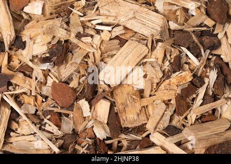 Foto macro con vista dall'alto e telaio completo di trucioli di legno Foto Stock