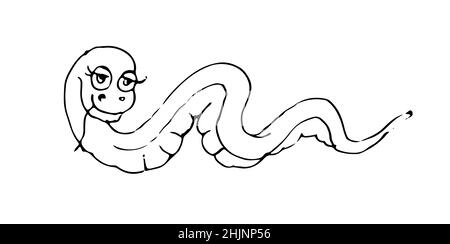 Serpente divertente. Allegro animale selvatico. Un carattere comico. Schizzo di contorno. Il disegno a mano è isolato su sfondo bianco. Vettore Illustrazione Vettoriale