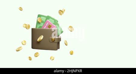 Portafoglio con carta di credito in valuta cartacea e moneta d'oro volante in stile cartone animato realistico. 3D borsetta con dollari verdi. Illustrazione vettoriale Illustrazione Vettoriale