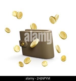 Portafoglio con monete d'oro volanti in stile cartone animato realistico. 3D elemento di design a portafoglio per il concetto di cashback. Illustrazione vettoriale Illustrazione Vettoriale